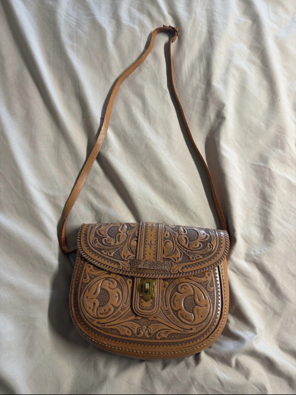 Hand-Tooled Tan Leather Crossbody Bag